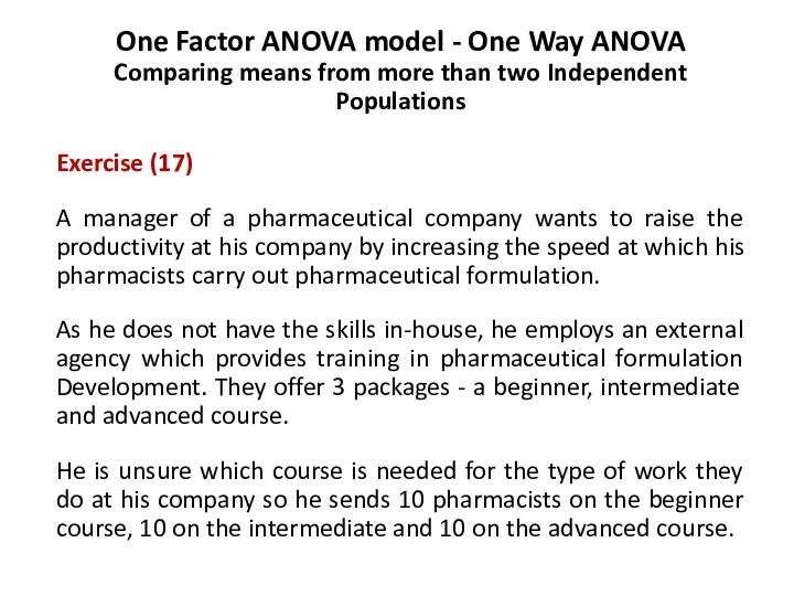 One Factor ANOVA model - One Way ANOVA Comparing means from more