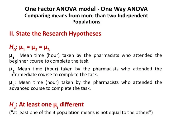 One Factor ANOVA model - One Way ANOVA Comparing means from more