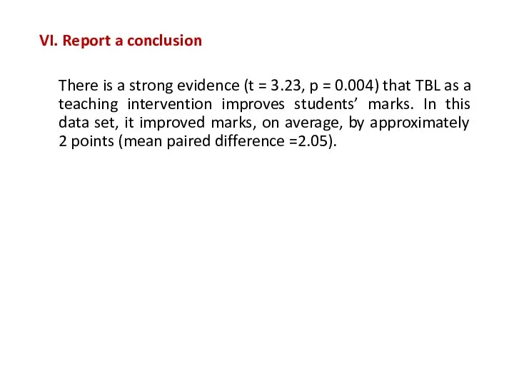 VI. Report a conclusion There is a strong evidence (t = 3.23,