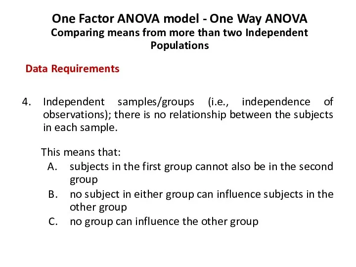 One Factor ANOVA model - One Way ANOVA Comparing means from more