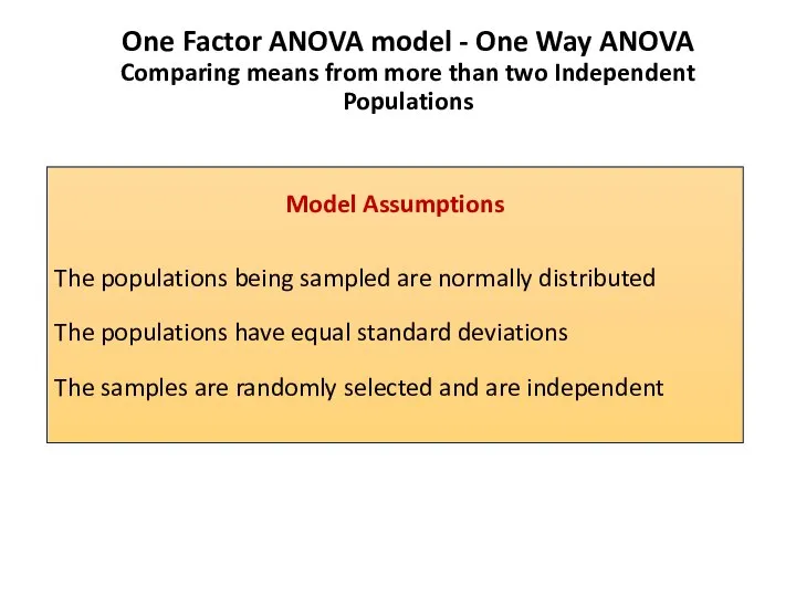 One Factor ANOVA model - One Way ANOVA Comparing means from more