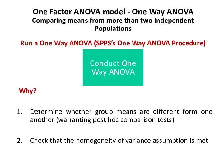 One Factor ANOVA model - One Way ANOVA Comparing means from more