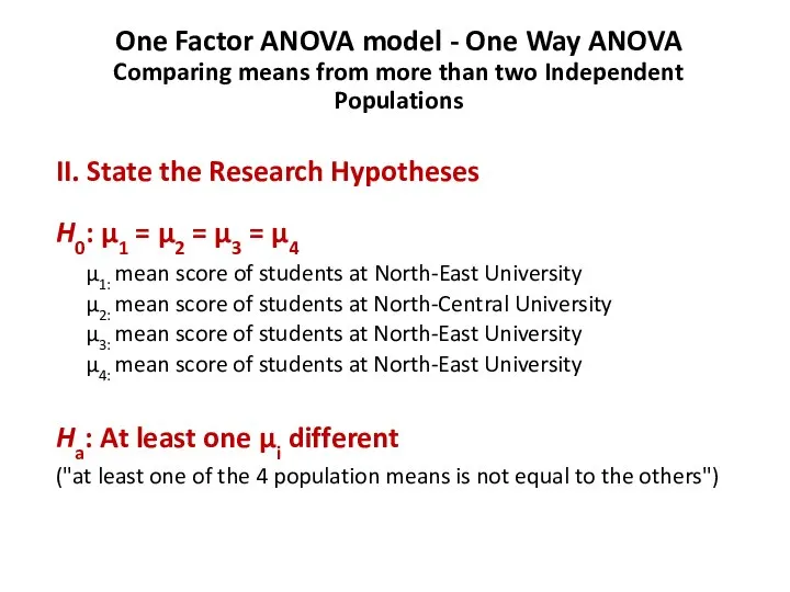 One Factor ANOVA model - One Way ANOVA Comparing means from more