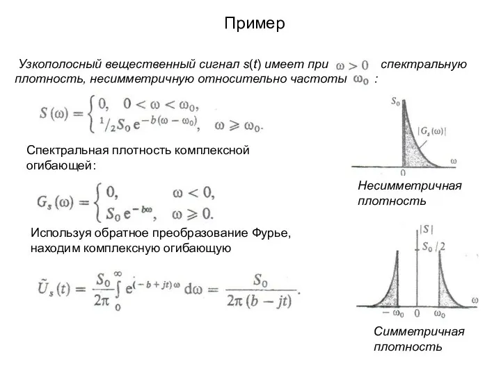 Пример Узкополосный вещественный сигнал s(t) имеет при спектральную плотность, несимметричную относительно частоты