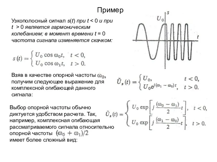Пример Узкополосный сигнал s(t) при t t > 0 является гармоническим колебанием;