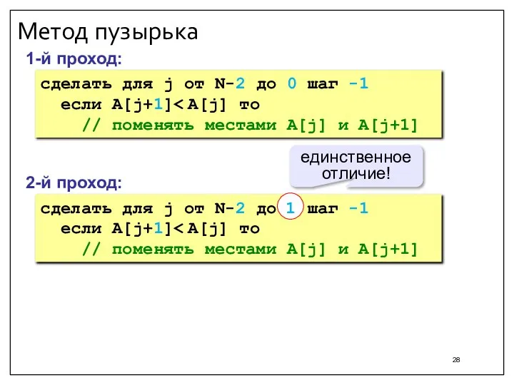 Метод пузырька 1-й проход: сделать для j от N-2 до 0 шаг