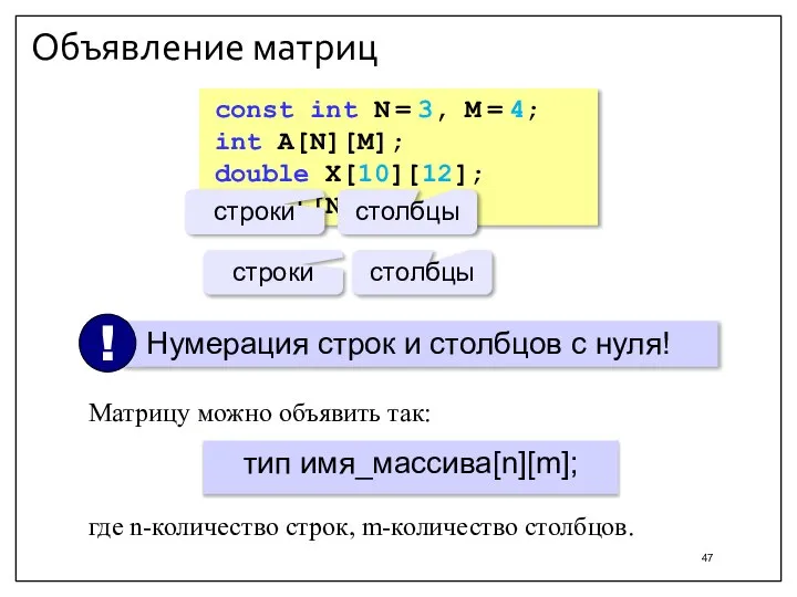 Объявление матриц const int N = 3, M = 4; int A[N][M];
