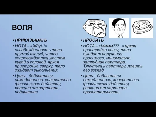 ВОЛЯ ПРИКАЗЫВАТЬ НОТА – «Жду!!!» освобожденность тела, прямой взгляд, часто сопровождается жестом