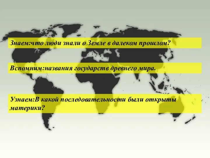 Знаем:что люди знали о Земле в далеком прошлом? Узнаем:В какой последовательности были