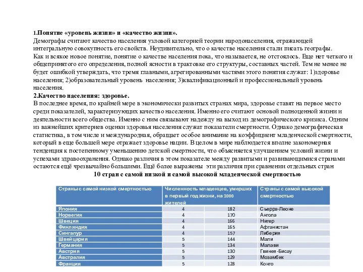 1.Понятие «уровень жизни» и «качество жизни». Демографы считают качество населения узловой категорией