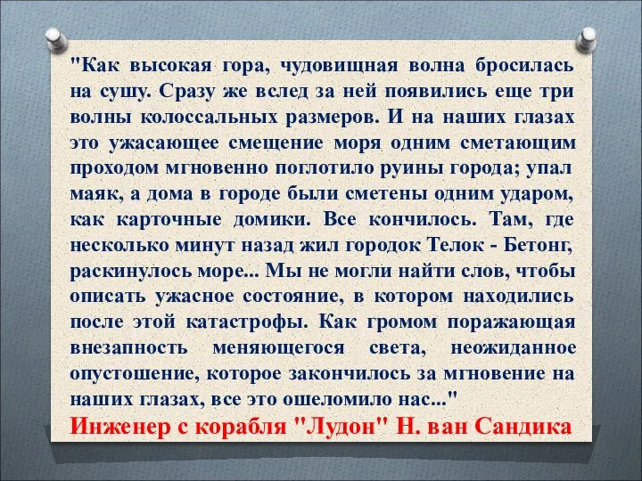 "Как высокая гора, чудовищная волна бросилась на сушу. Сразу же вслед за