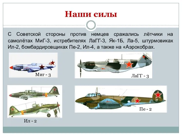 Наши силы С Советской стороны против немцев сражались лётчики на самолётах МиГ-3,