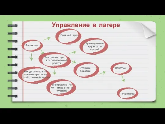 Управление в лагере Главный врач Директор Зам директора по административно хозяйственной части