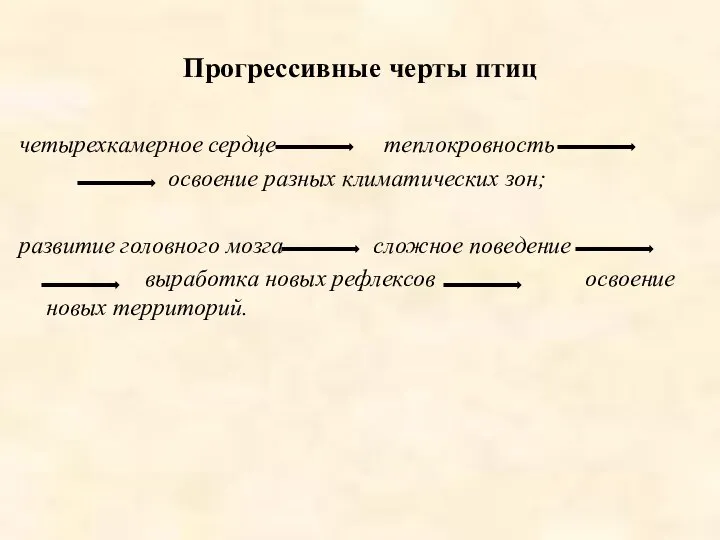 Прогрессивные черты птиц четырехкамерное сердце теплокровность освоение разных климатических зон; развитие головного