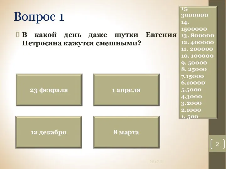 Вопрос 1 В какой день даже шутки Евгения Петросяна кажутся смешными? 28.02.20