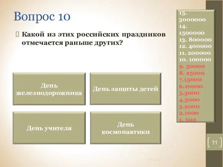 Вопрос 10 Какой из этих российских праздников отмечается раньше других? 28.02.20