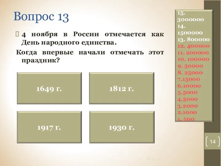 Вопрос 13 4 ноября в России отмечается как День народного единства. Когда