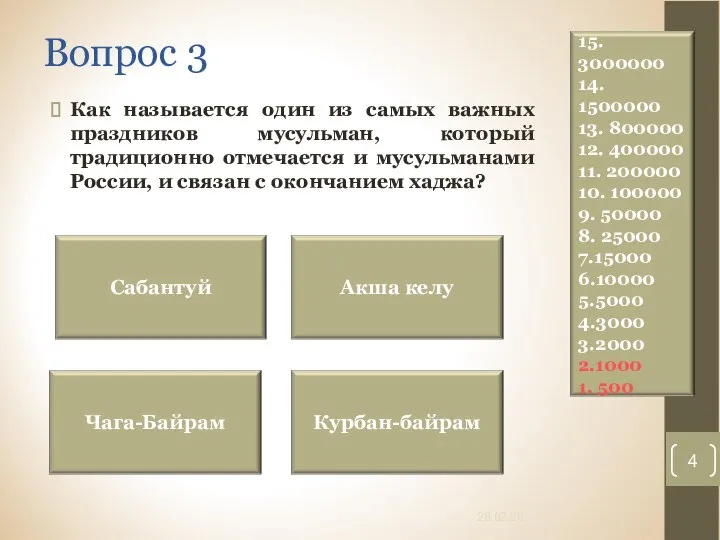 Вопрос 3 Как называется один из самых важных праздников мусульман, который традиционно