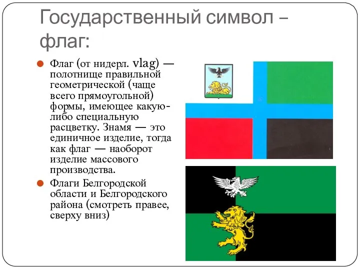 Государственный символ –флаг: Флаг (от нидерл. vlag) — полотнище правильной геометрической (чаще