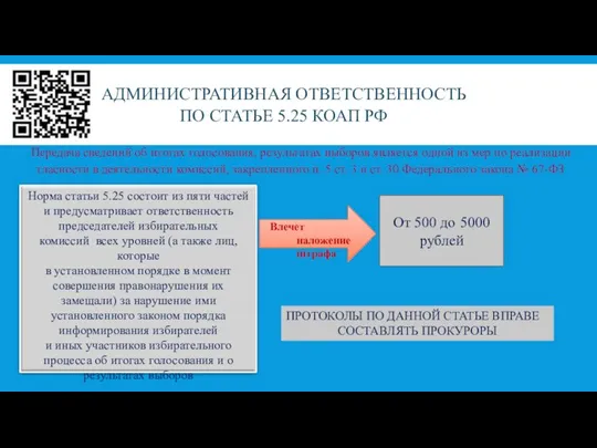 АДМИНИСТРАТИВНАЯ ОТВЕТСТВЕННОСТЬ ПО СТАТЬЕ 5.25 КОАП РФ Передача сведений об итогах голосования,