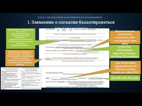 ЭТАП I. ОФОРМЛЕНИЕ ДОКУМЕНТОВ НА ВЫДВИЖЕНИЕ 1. Заявление о согласии баллотироваться (продолжение)