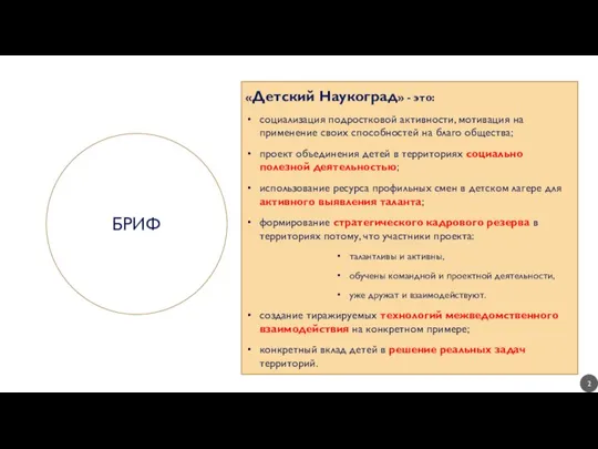 БРИФ «Детский Наукоград» - это: социализация подростковой активности, мотивация на применение своих