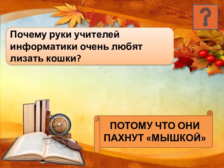 Почему руки учителей информатики очень любят лизать кошки? ПОТОМУ ЧТО ОНИ ПАХНУТ «МЫШКОЙ»