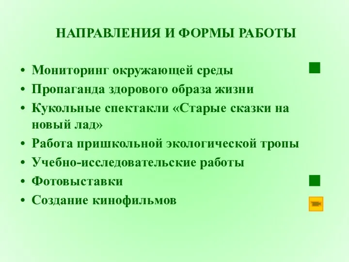 НАПРАВЛЕНИЯ И ФОРМЫ РАБОТЫ Мониторинг окружающей среды Пропаганда здорового образа жизни Кукольные