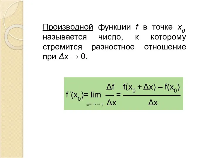 Производной функции f в точке x0 называется число, к которому стремится разностное