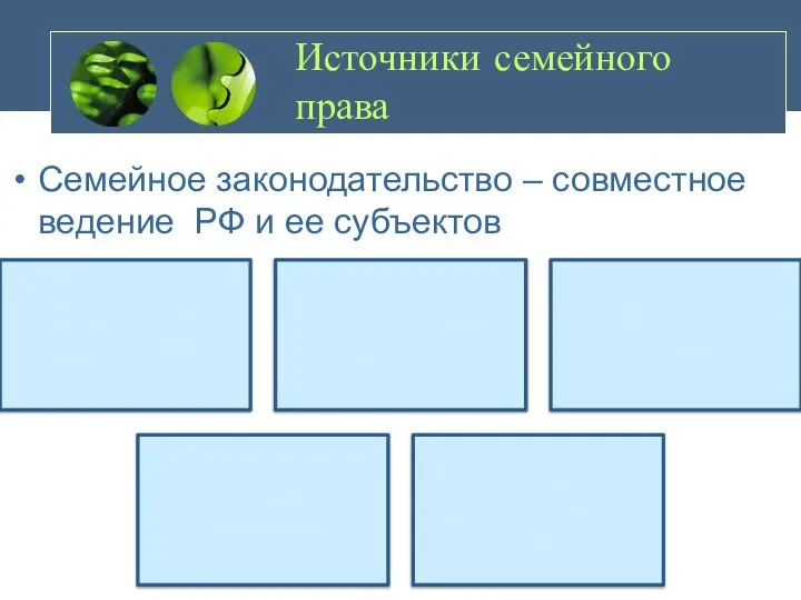 Источники семейного права Семейное законодательство – совместное ведение РФ и ее субъектов