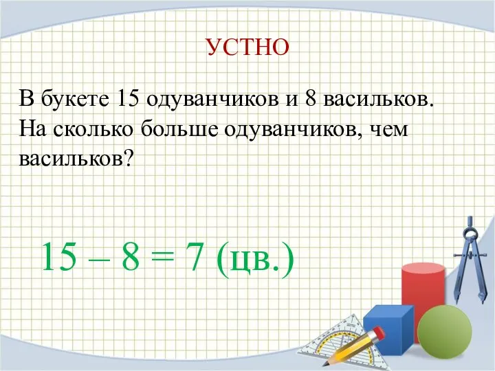 УСТНО В букете 15 одуванчиков и 8 васильков. На сколько больше одуванчиков,