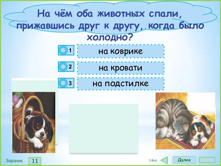 Далее 11 Задание 1 бал. на кровати на коврике на подстилке На
