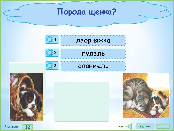 Далее 12 Задание 1 бал. пудель дворняжка спаниель Порода щенка?