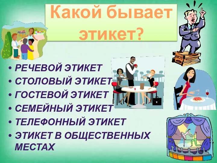 Виды этикета РЕЧЕВОЙ ЭТИКЕТ СТОЛОВЫЙ ЭТИКЕТ ГОСТЕВОЙ ЭТИКЕТ СЕМЕЙНЫЙ ЭТИКЕТ ТЕЛЕФОННЫЙ ЭТИКЕТ