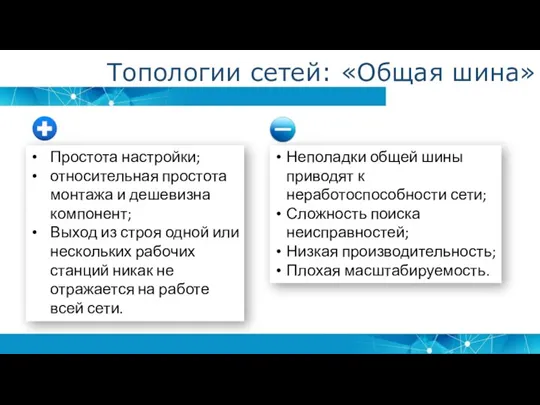 Топологии сетей: «Общая шина» Простота настройки; относительная простота монтажа и дешевизна компонент;