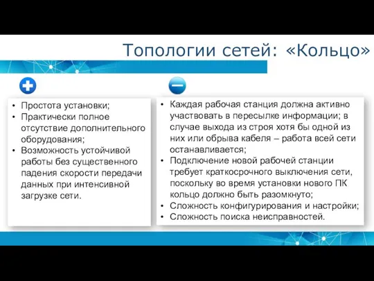 Топологии сетей: «Кольцо» Простота установки; Практически полное отсутствие дополнительного оборудования; Возможность устойчивой