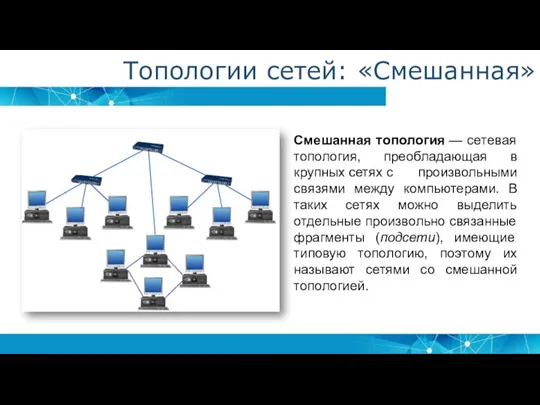 Топологии сетей: «Смешанная» Смешанная топология — сетевая топология, преобладающая в крупных сетях