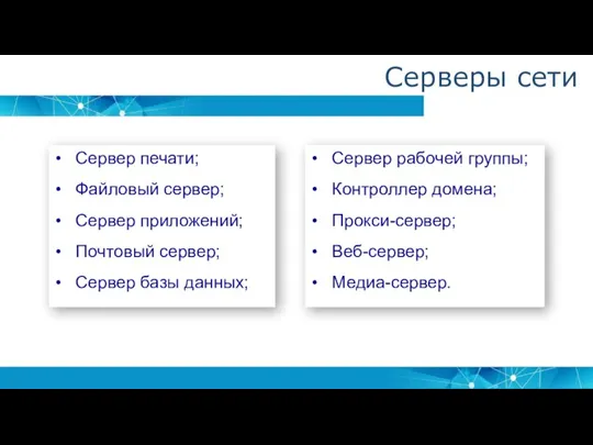 Сервер печати; Файловый сервер; Сервер приложений; Почтовый сервер; Сервер базы данных; Сервер