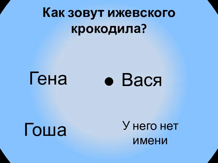 Как зовут ижевского крокодила? Гена Гоша Вася У него нет имени