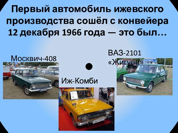Первый автомобиль ижевского производства сошёл с конвейера 12 декабря 1966 года —