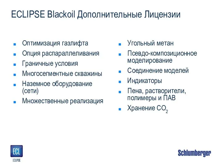 ECLIPSE Blackoil Дополнительные Лицензии Оптимизация газлифта Опция распараллеливания Граничные условия Многосегментные скважины