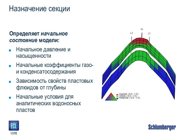 Назначение секции Определяет начальное состояние модели: Начальное давление и насыщенности Начальные коэффициенты