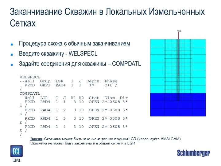 Заканчивание Скважин в Локальных Измельченных Сетках Процедура схожа с обычным заканчиванием Введите