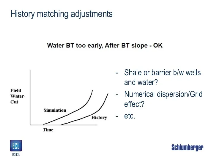 History matching adjustments Shale or barrier b/w wells and water? Numerical dispersion/Grid effect? etc.