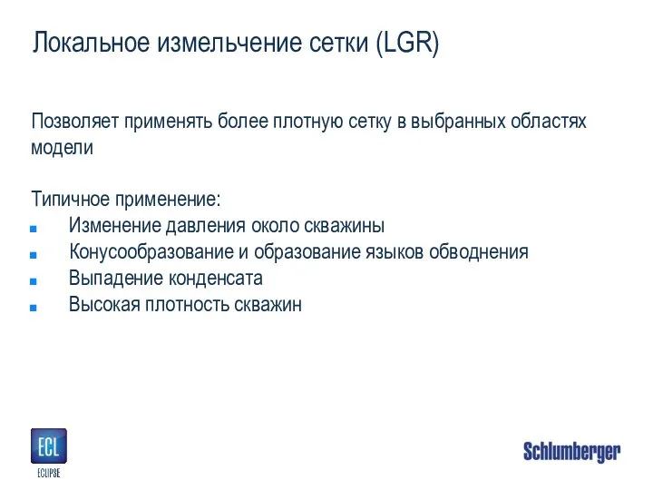 Локальное измельчение сетки (LGR) Позволяет применять более плотную сетку в выбранных областях