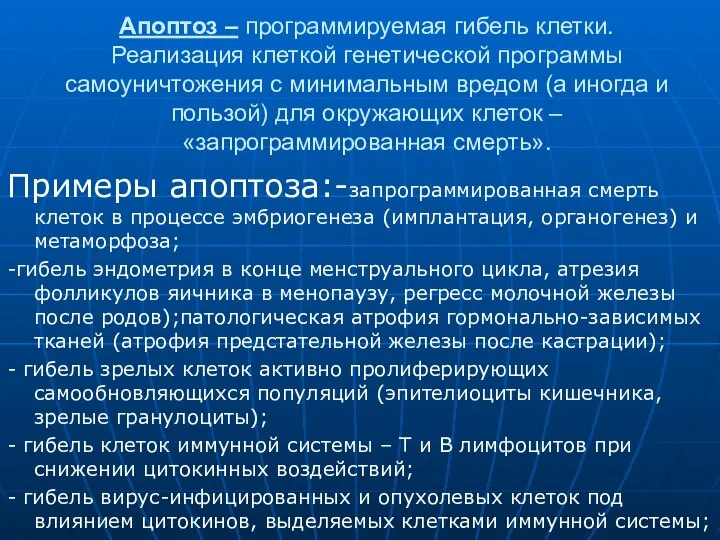 Апоптоз – программируемая гибель клетки. Реализация клеткой генетической программы самоуничтожения с минимальным