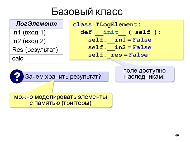 Базовый класс class TLogElement: def __init__ ( self ): self.__in1 = False