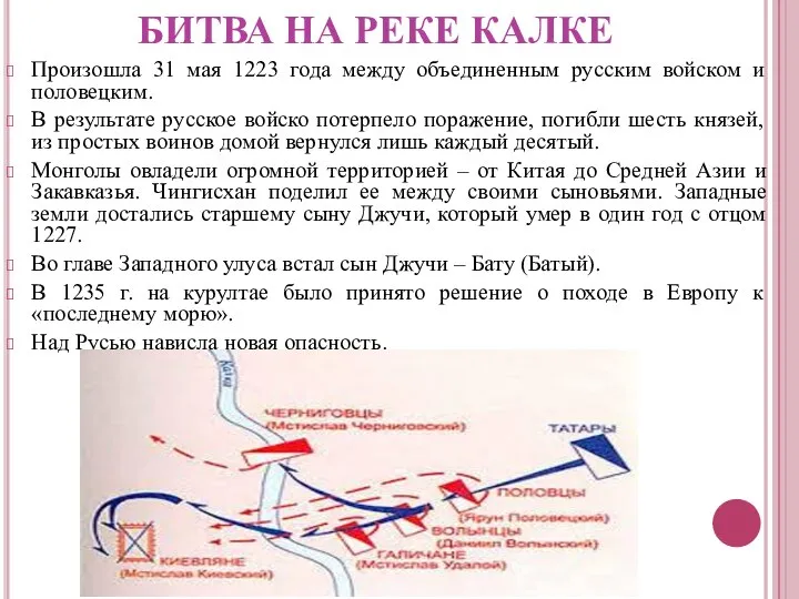 БИТВА НА РЕКЕ КАЛКЕ Произошла 31 мая 1223 года между объединенным русским