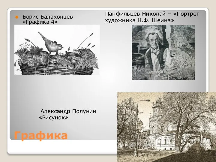 Графика Борис Балахонцев «Графика 4» Панфильцев Николай – «Портрет художника Н.Ф. Шеина» Александр Полунин «Рисунок»