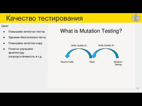 Качество тестирования Цели: Повышаем качество тестов Удаляем бесполезные тесты Повышаем качество кода